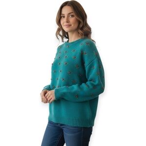 Hand Knit Wool Sweater Turquoise with Red 3D Rosettes Medium